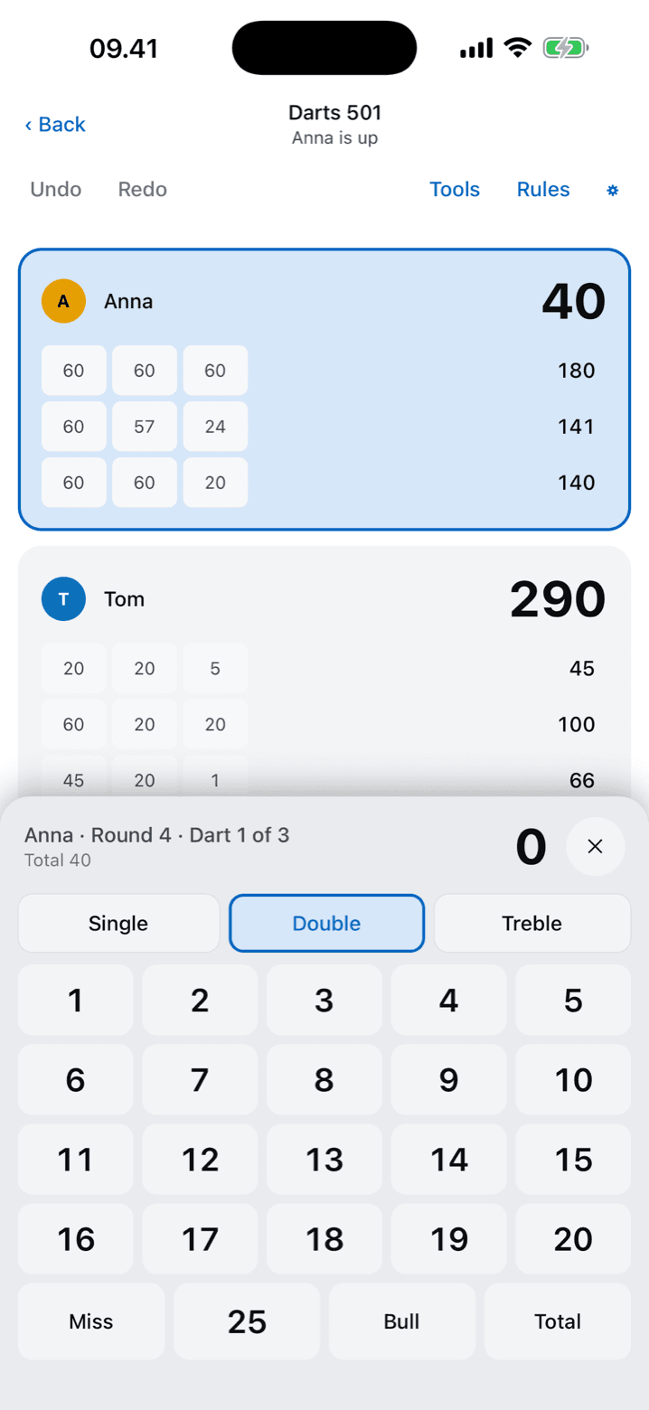 Cardzo darts 501 scoring with the number pad
