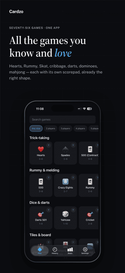 Cardzo game catalog screen