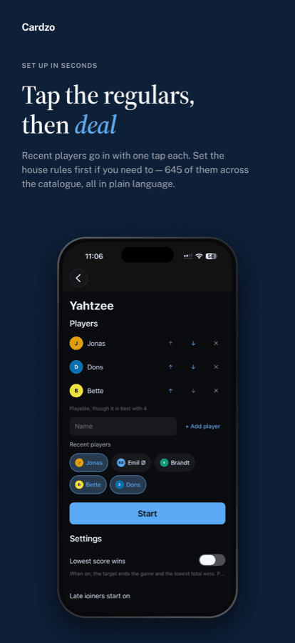 Cardzo match setup screen