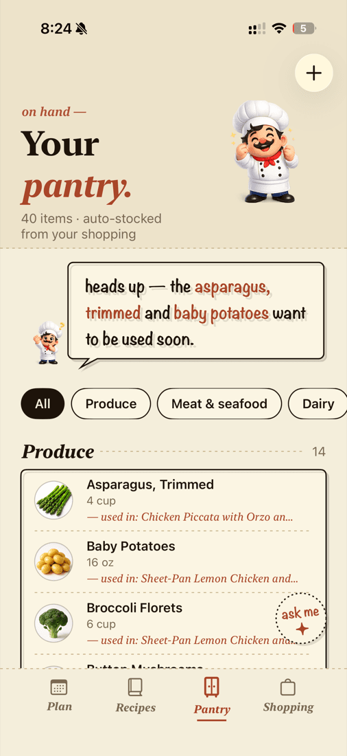 Chef Gaston pantry screen with expiry warnings