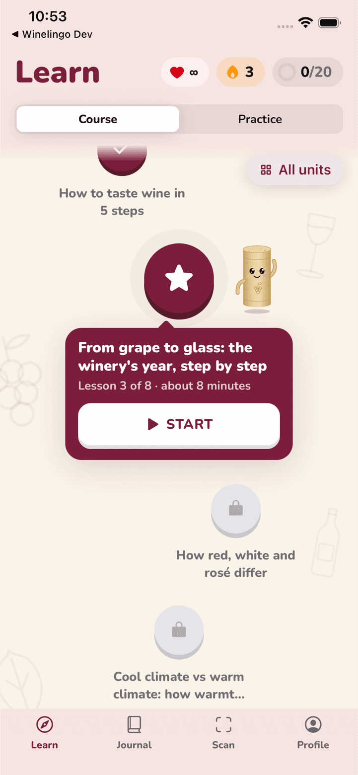 Winelingo course path with lesson 3 of 8 ready to start