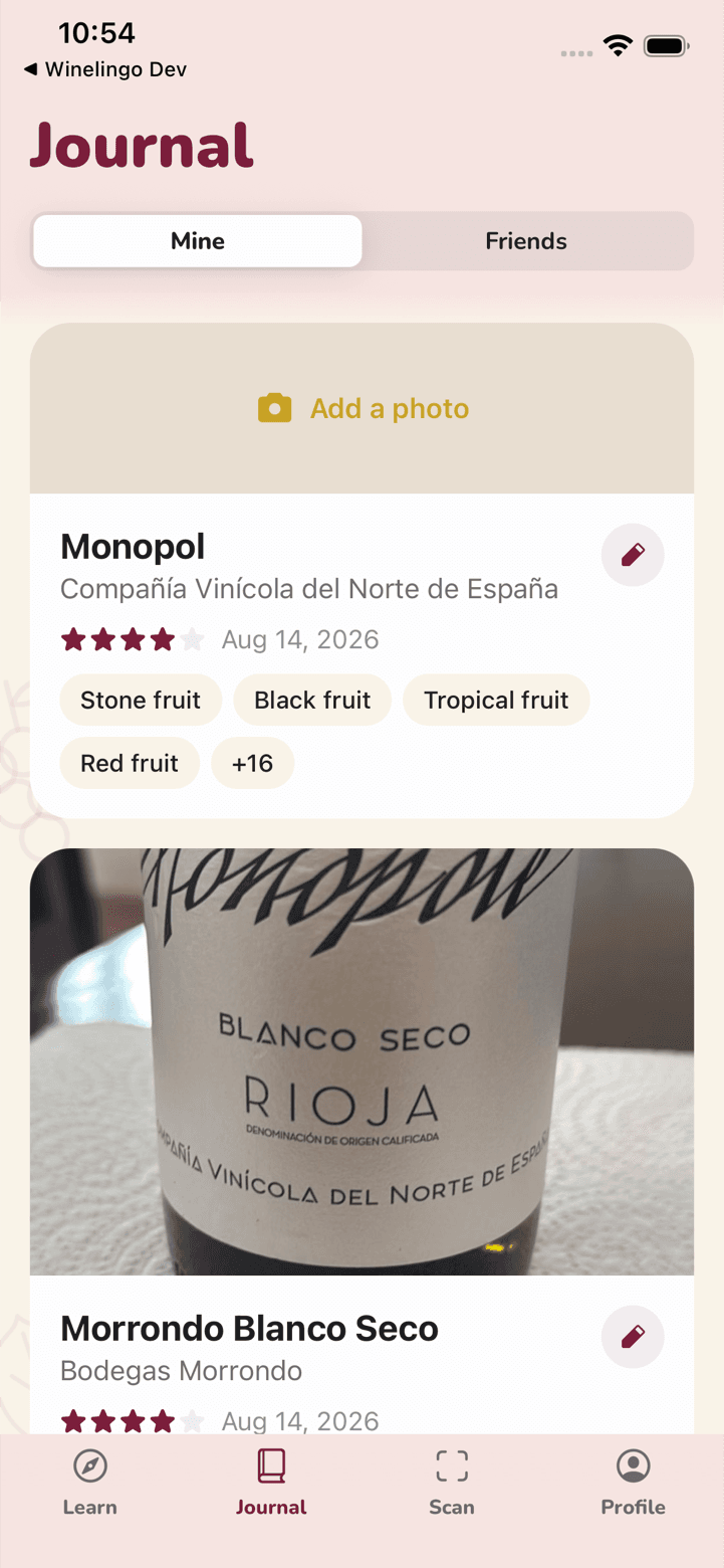 Winelingo journal with a scanned Rioja and its tasting notes